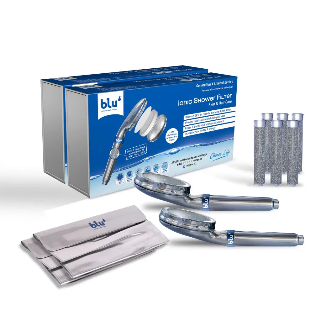 blu Ionic Shower Filter Handheld Limited Edition bundle with 2 standard size shower heads, 6 NMC filter cartridges, and 2 silver travel pouches