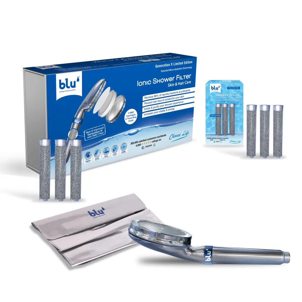 blu Ionic Shower Filter Handheld Limited Edition bundle with 6 NMC filter cartridges and 1 silver travel pouch