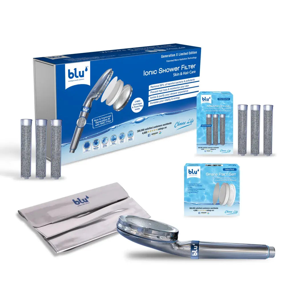 blu Ionic Shower Filter Handheld Limited Edition bundle with 6 NMC filter cartridges, 1 spare part set, and 1 silver travel pouch