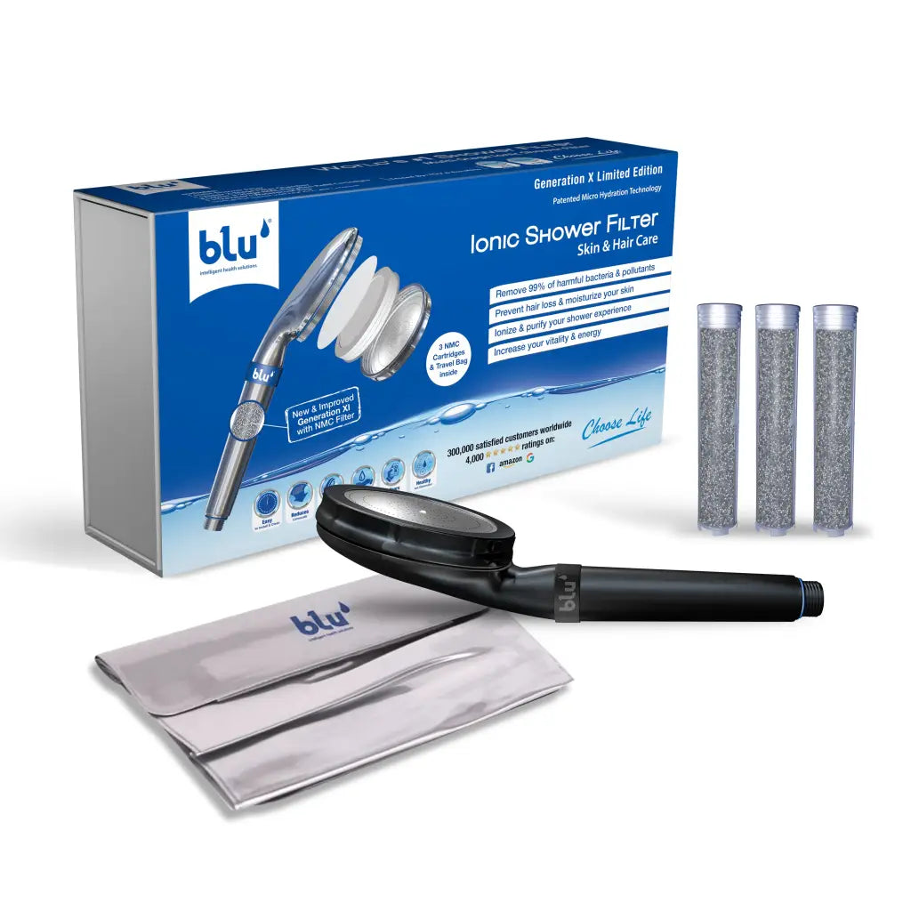 blu Ionic Shower Filter Handheld Matte Black Limited Edition Bundle with 3 NMC filter cartridges and 1 silver travel pouch