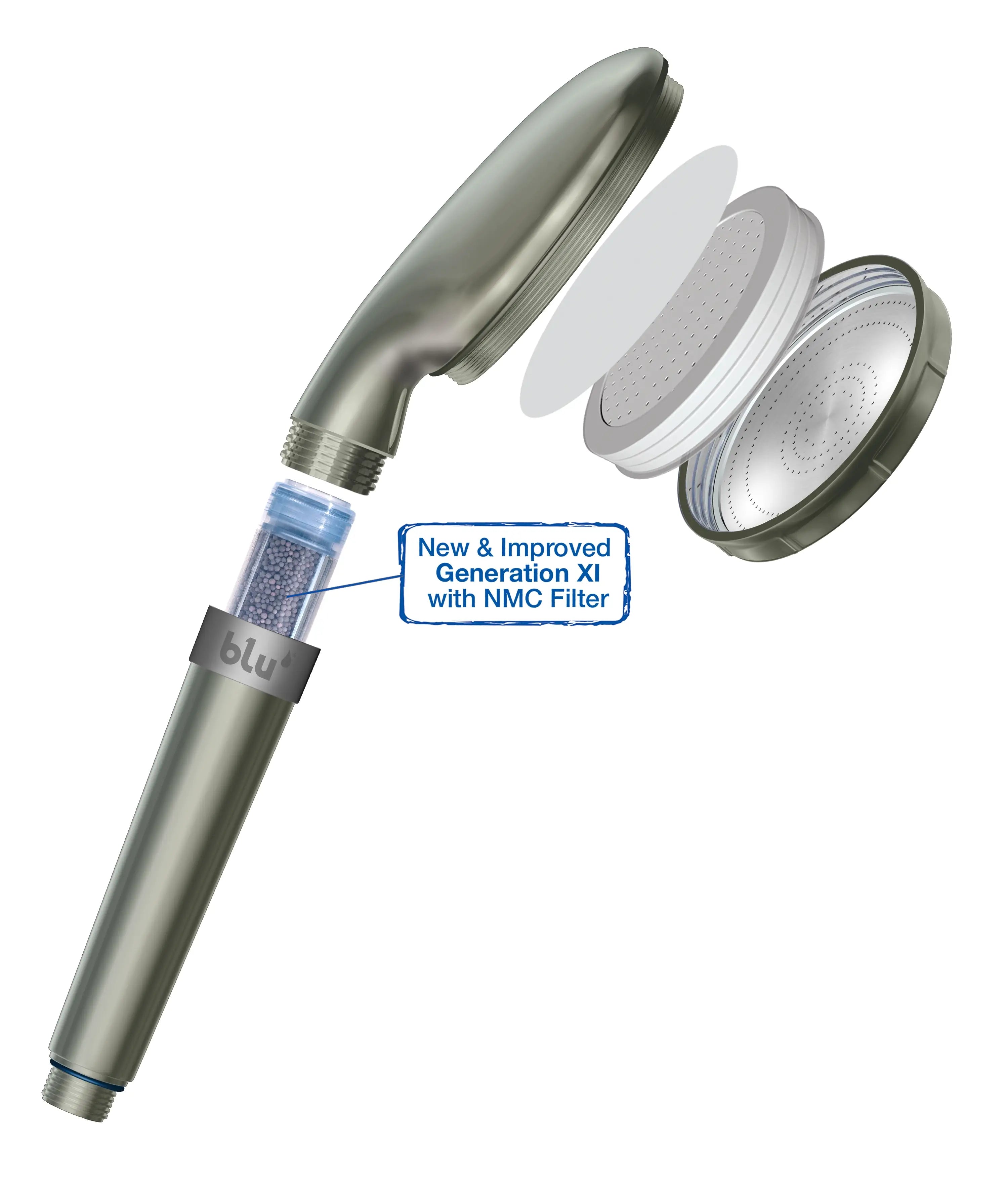 blu Ionic Shower Filter Handheld Matte Nickel Opened Side with NMC filter cartridge