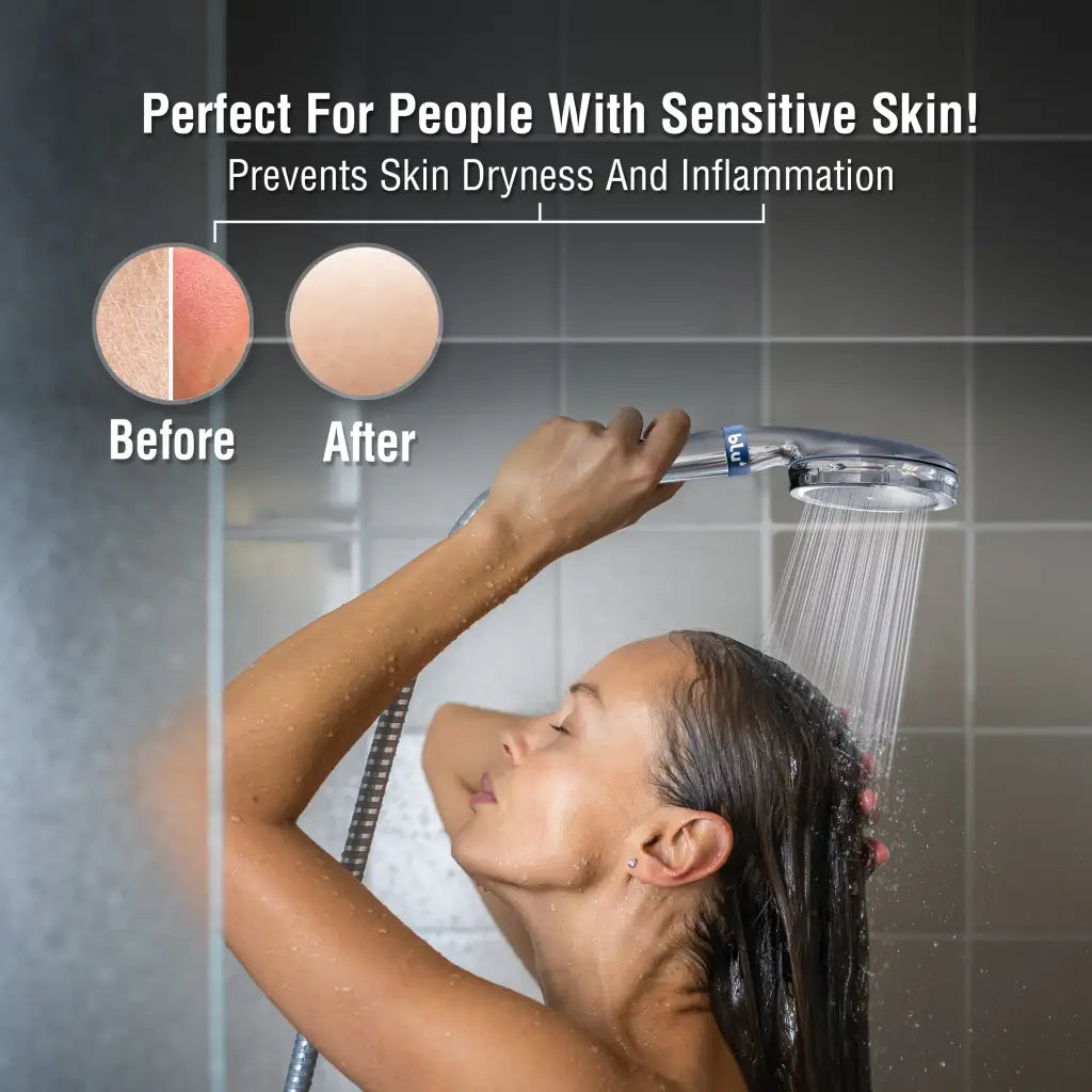 Female showering with Ionic Shower Filter Handheld showing before and after skin