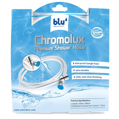 blu Chromolux handheld shower hose packaging