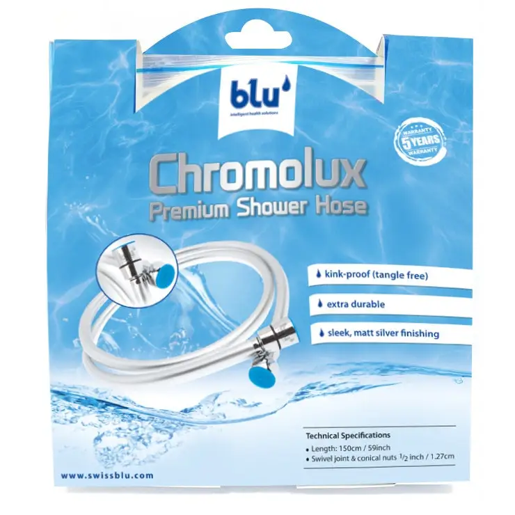 blu Chromolux handheld shower hose packaging