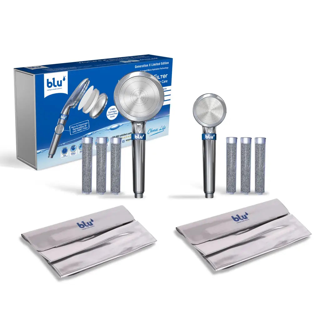 blu Ionic Shower Filter Handheld Limited Edition bundle with 1 standard size shower head, 1 mini size shower head, 6 NMC filter cartridges, and 2 silver travel pouches