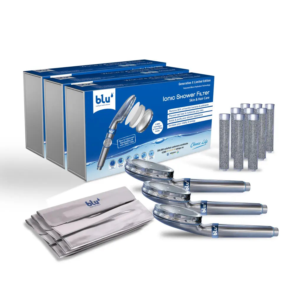 blu Ionic Shower Filter Handheld Limited Edition bundle with 3 standard size shower heads, 9 NMC filter cartridges, and 3 silver travel pouches