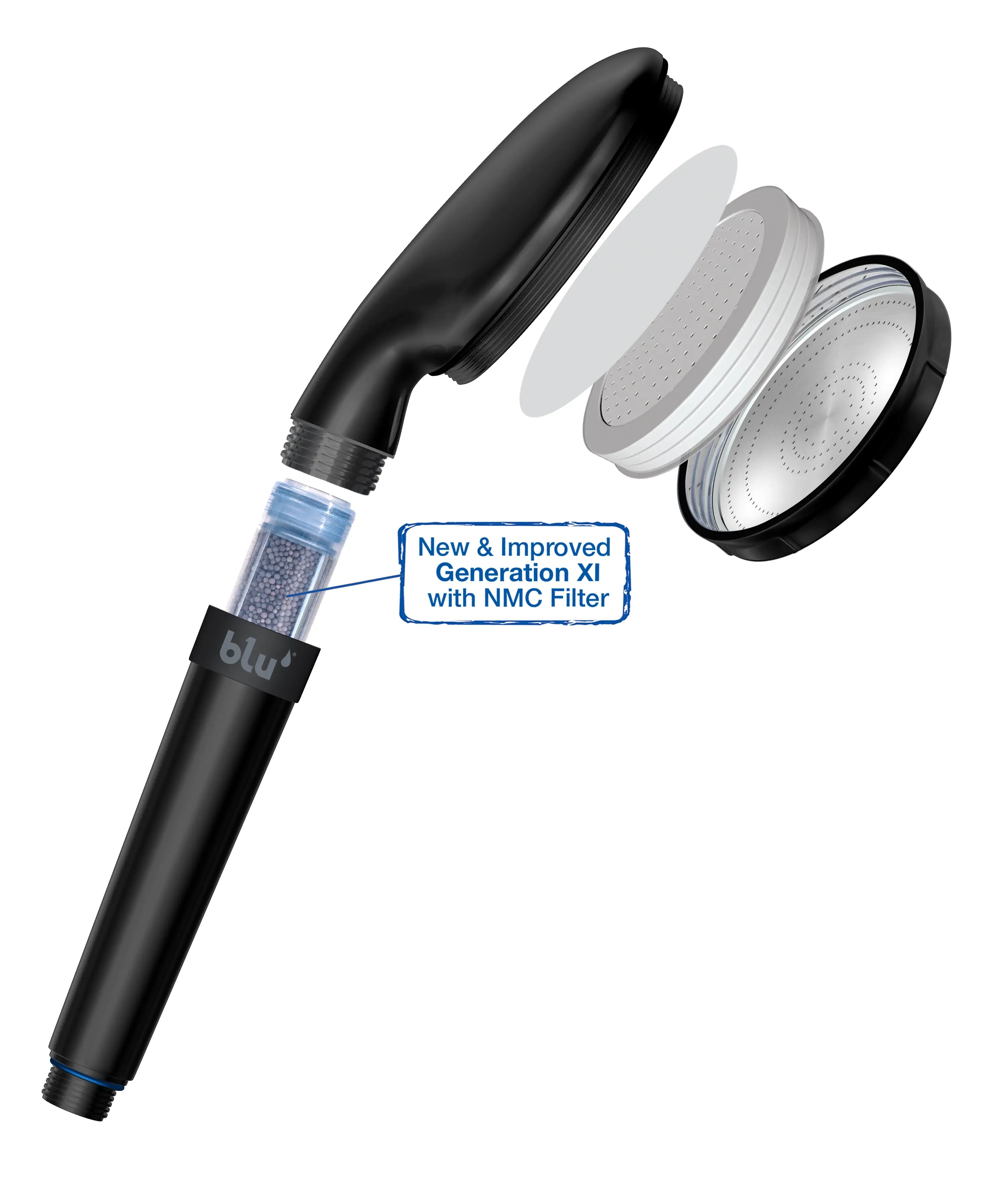 blu Ionic Shower Filter Handheld Matte Black Opened Side with NMC filter cartridge