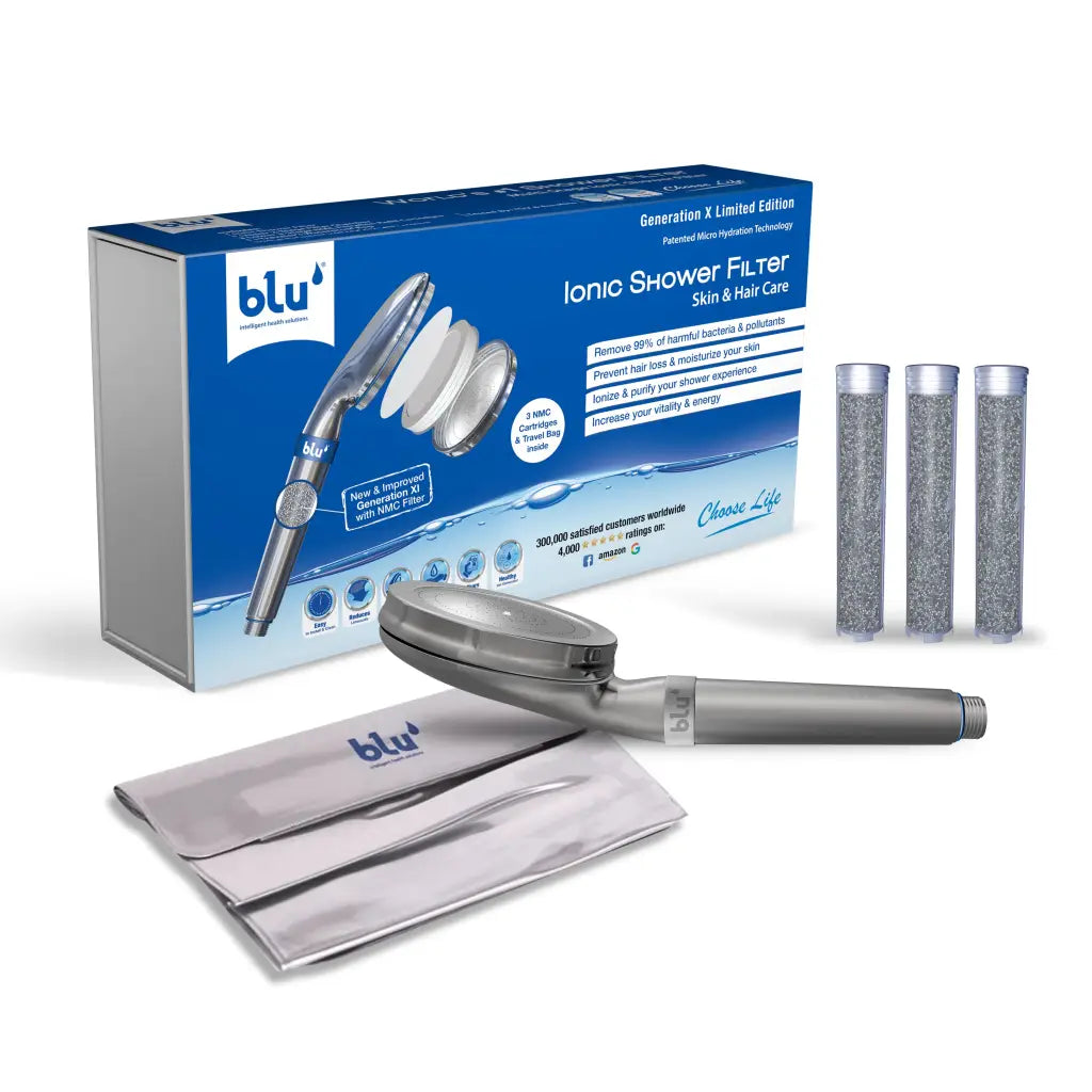 blu Ionic Shower Filter Handheld Matte Nickel Limited Edition Bundle with 3 NMC filter cartridges and 1 silver travel pouch
