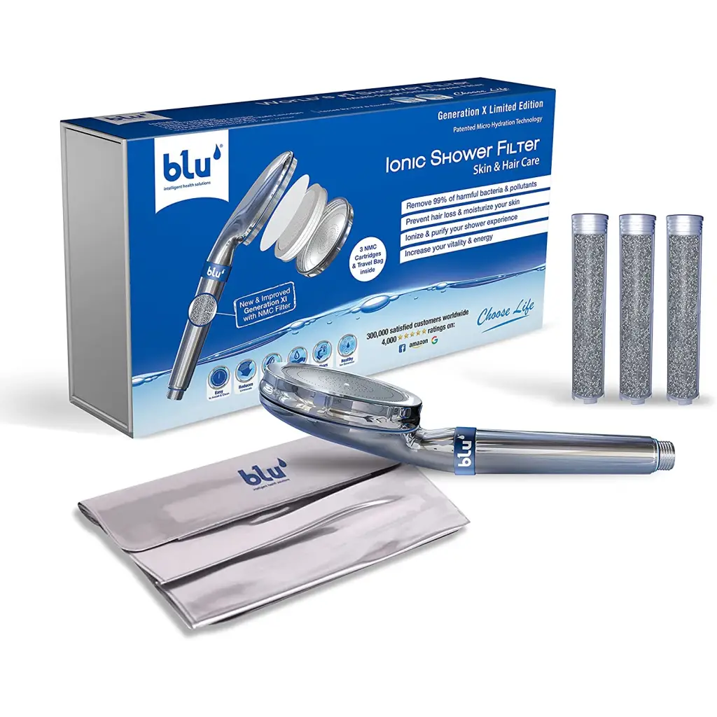 blu Ionic Shower Filter Handheld Original Chrome Limited Edition Bundle with 3 NMC filter cartridges and 1 silver travel pouch