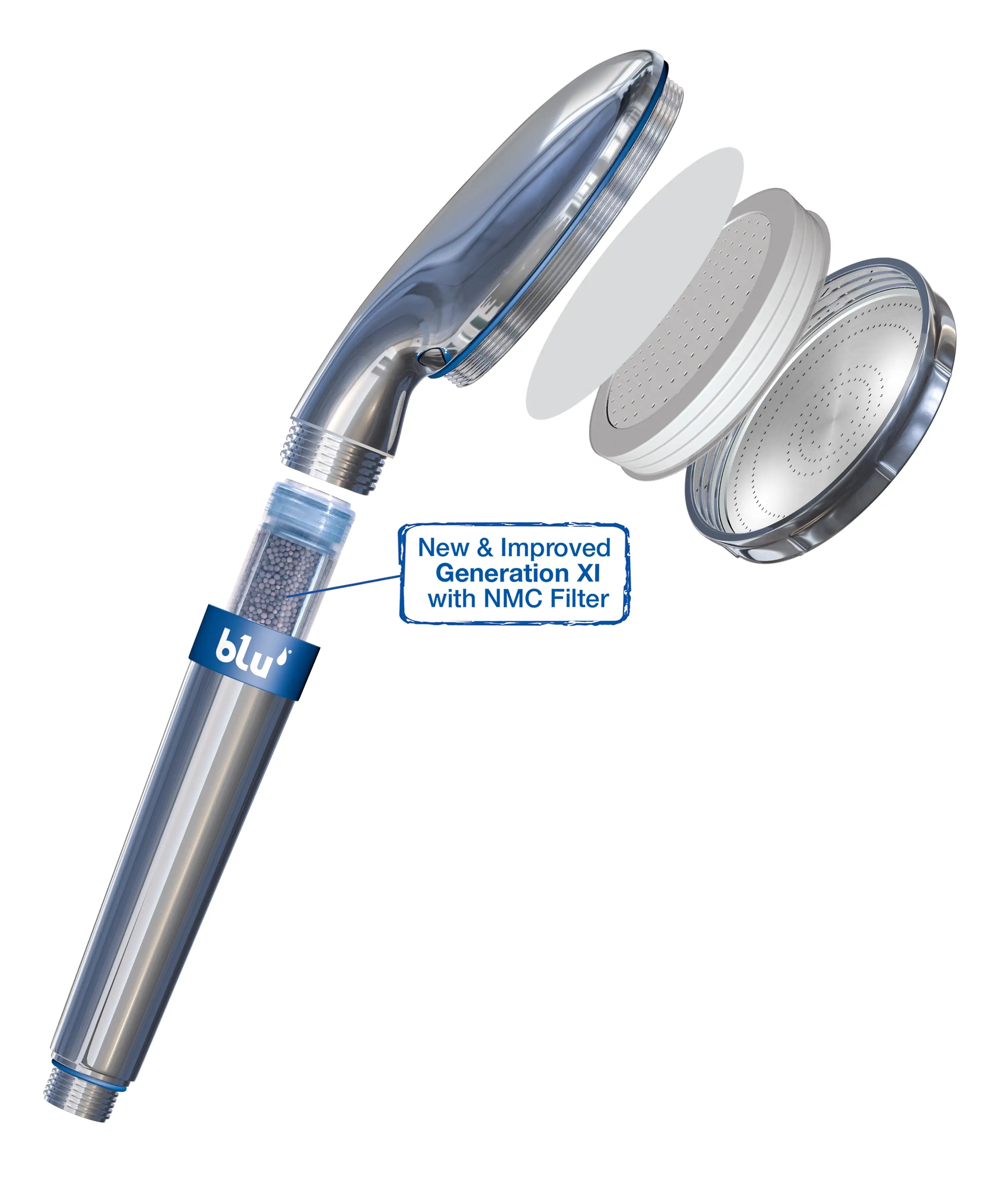 blu Ionic Shower Filter Handheld Original Chrome Opened Side with NMC filter cartridge