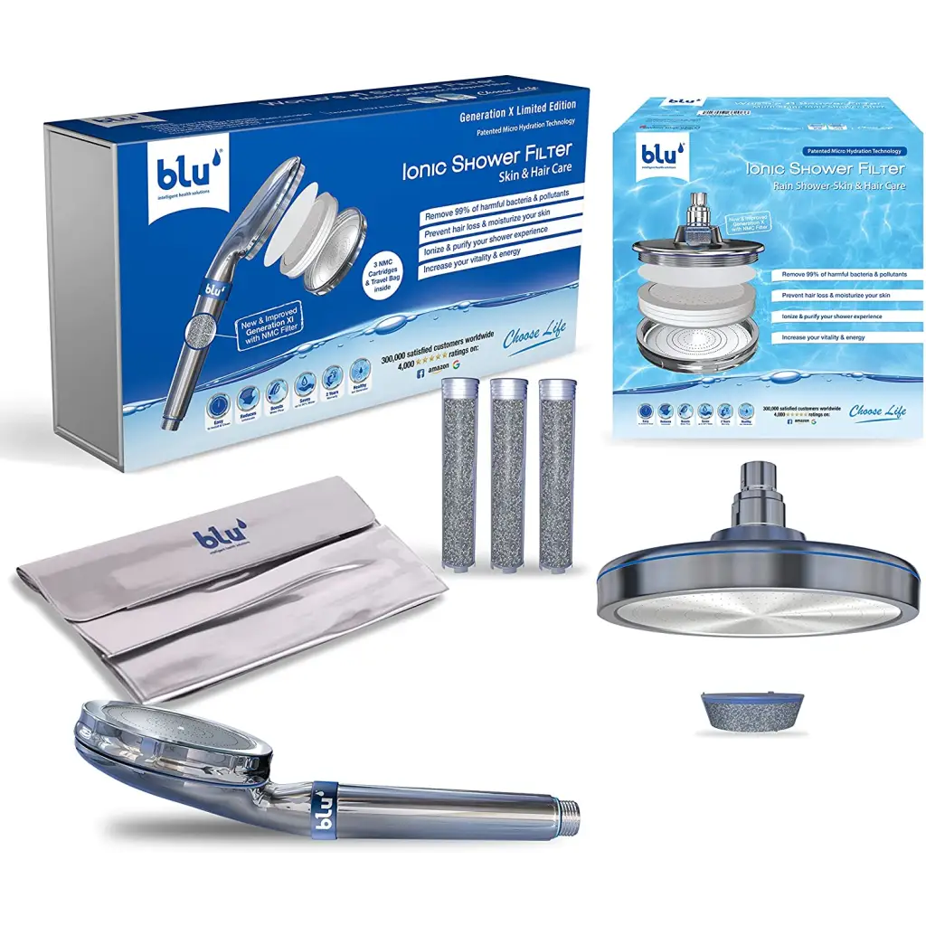 blu Ionic Shower Filter Handheld and Overhead Limited Edition bundle with 4 NMC filter cartridges and 1 silver travel pouch