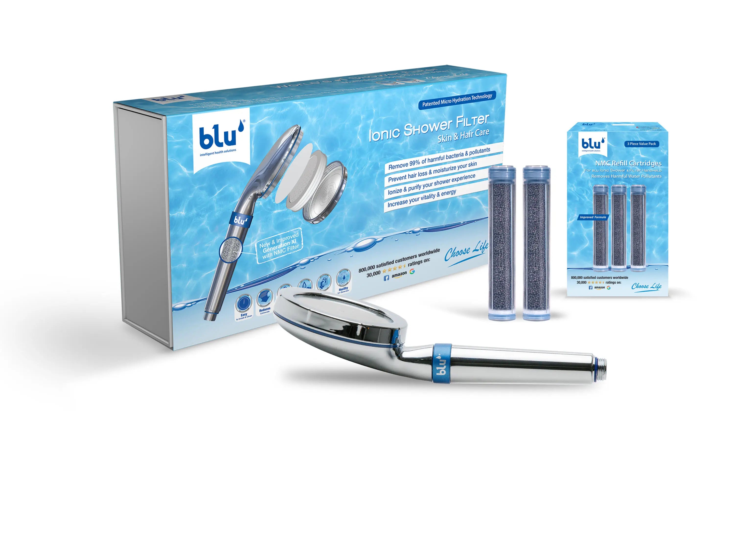 MedChoiceOne x blu Ionic Shower Filter bundle box and product