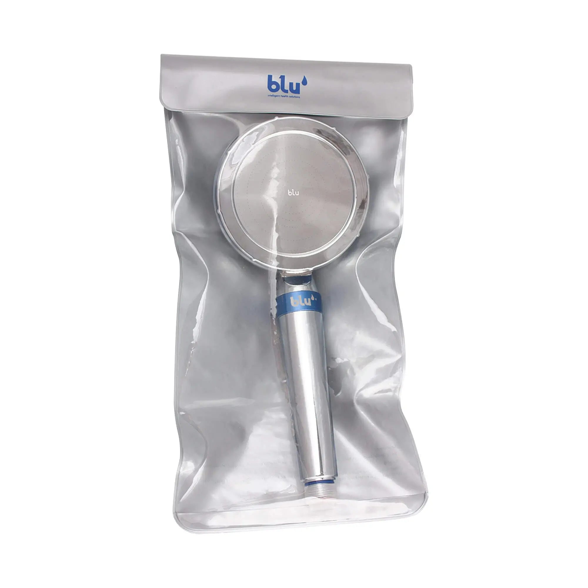 Silver waterproof travel pouch containing the blu Ionic Shower Filter Handheld